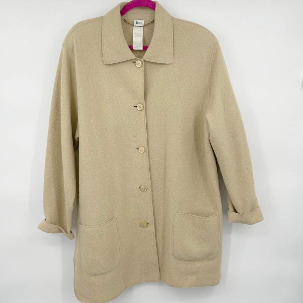 Lucia Womens Boiled Wool Coat Size 14 Camel Tan Button Front Jacket Quiet Luxury